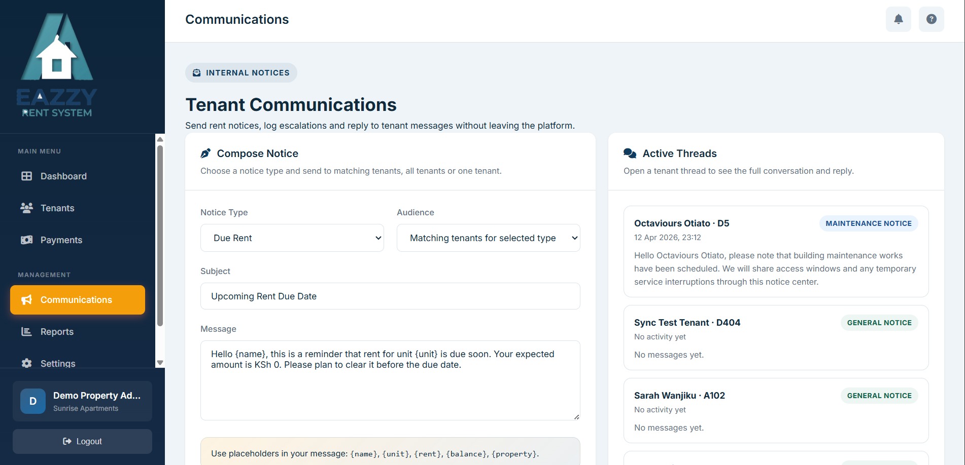 Eazzy Rent communications area for composing notices and viewing tenant message threads